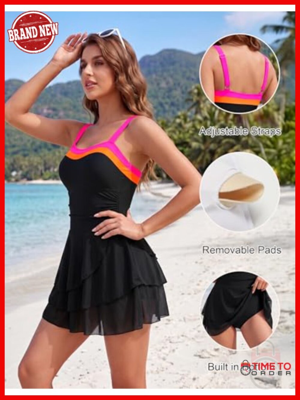 Modest One Piece Swim Dress with Mesh Skirt Tummy Control Ruched - Picture 3 of 6